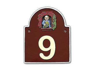 Artelith Hausnummernschild mit Rundbogen und Motiv Abendsonnen Rot bis 2stellig 