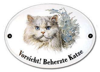 Emaille T&uuml;rschild: Vorsicht beherzte Katze 