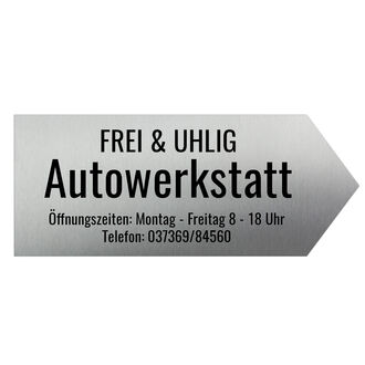 Edelstahl Firmenschild als Hinweisschild in Pfeilform  