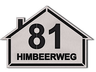Edelstahlhausnummer in Form eines Hauses mit Nummer und Stra&szlig;enname 