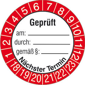 Prüfplakette »Geprüft am: durch gemäß «