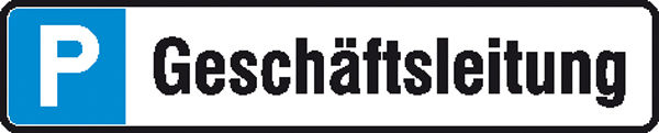 Parkplatzschild Symbol: P, Text: Geschftsleitung
