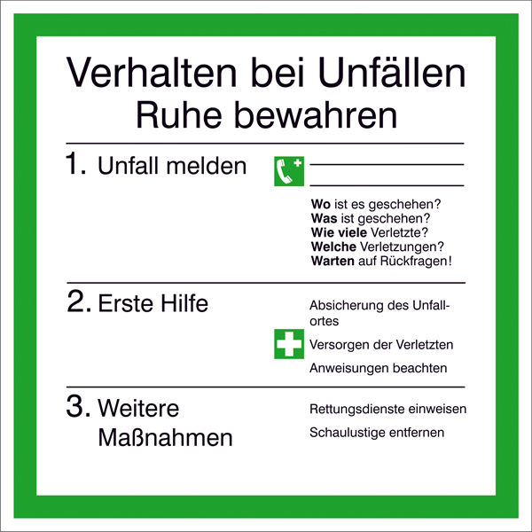 Aushang - Unfall »Verhalten bei Unfällen«