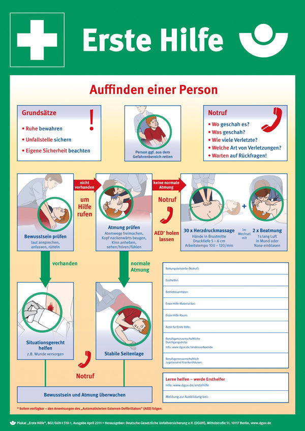 Aushang - Erste Hilfe »Anleitung zur Ersten Hilfe bei Unfällen«