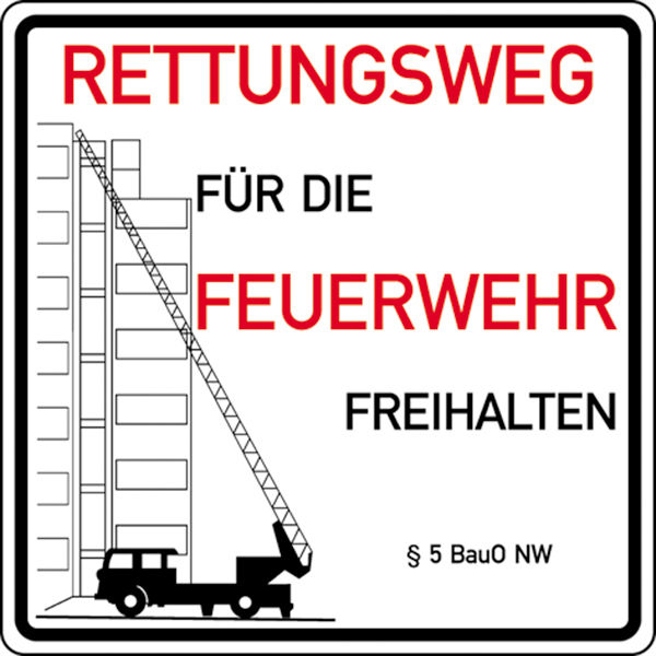 Hinweisschild für die Feuerwehr »Rettungswege für die Feuerwehr freihalten, § 5 BauO NW«