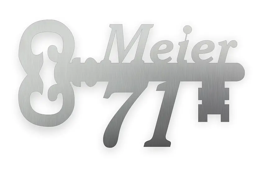 Türschild als Schlüssel mit Hausnummer und Name aus Edelstahl gelasert