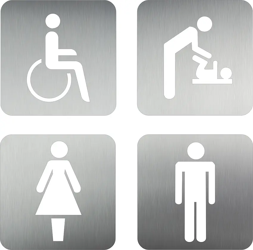 Edelstahl Türschild Piktogramme | WC Damen | WC Herren | Behinderten-WC | Wickelraum | Dusche | Treppe | Speiseraum | Erste Hilfe | Rauchverbot | Raucherzone | Müll