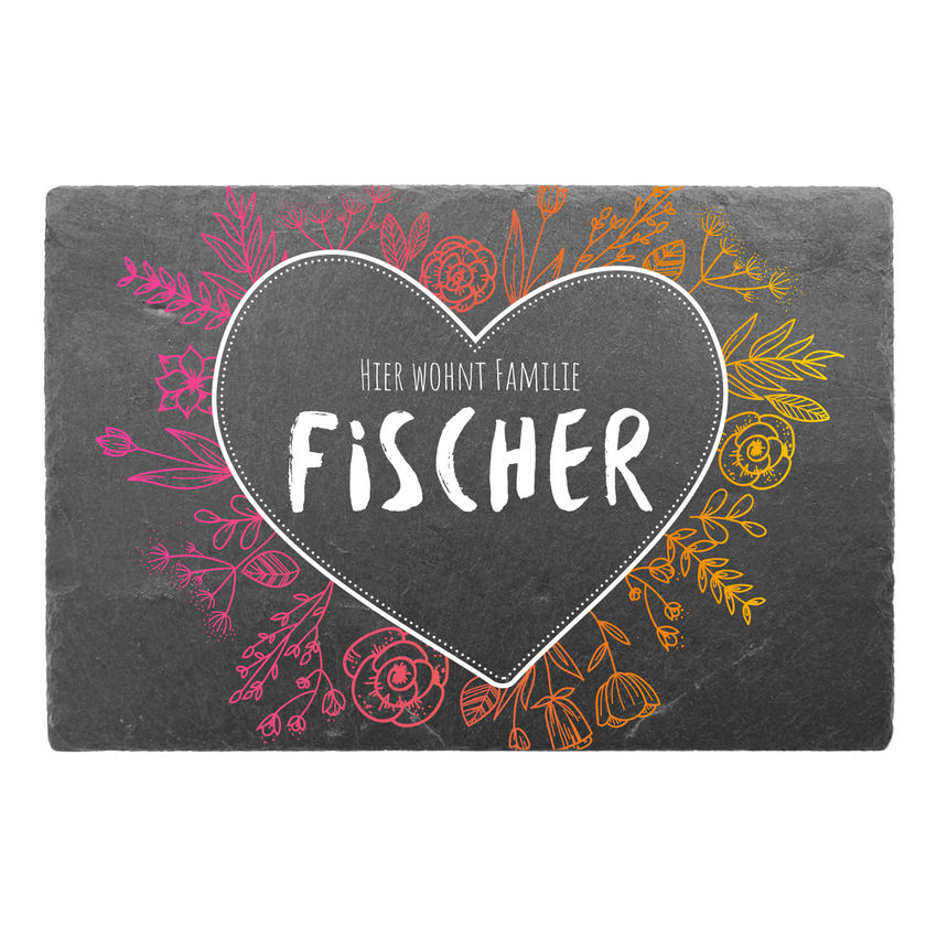 Farbenfrohes Schieferschild mit Herz und Familiennamen 300 x 200 mm