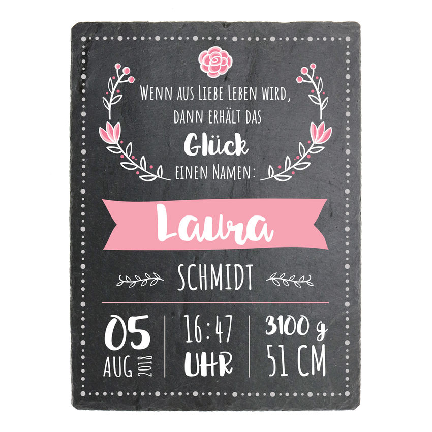 Schild zur Geburt eines Babys mit Geburtsdaten - 150 x 200 mm - Design Mdchen