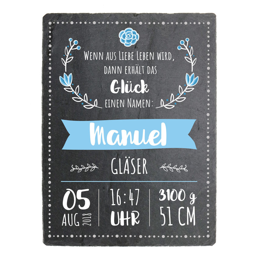 Schild zur Geburt eines Babys mit Geburtsdaten - 150 x 200 mm - Design Junge