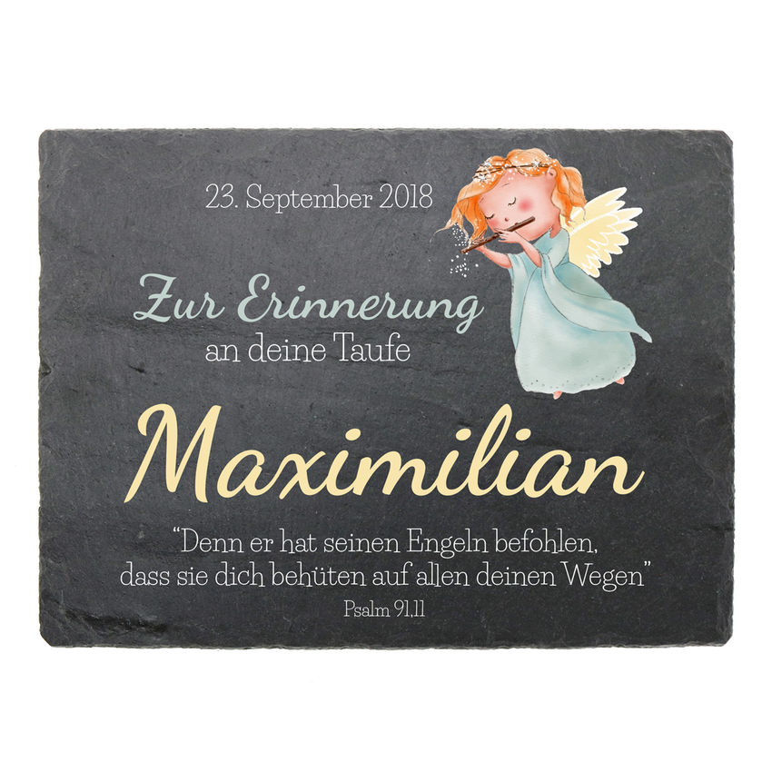 Geschenk zur Taufe aus Schiefer mit Name, Datum und Taufspruch 200 x 150 mm