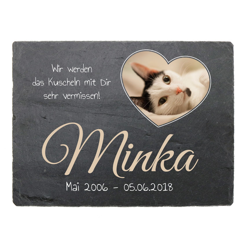 Grabsteinplatte aus Schiefer zum Gedenken an Haustier mit Foto 200 x 150 mm - Querformat mit Foto in Herzform