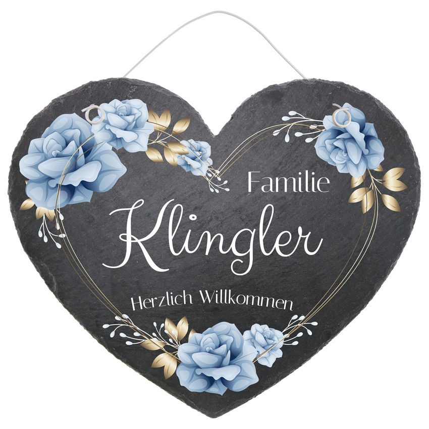 Schieferherz Trschild in der Gre 24 cm Design Blue Roses