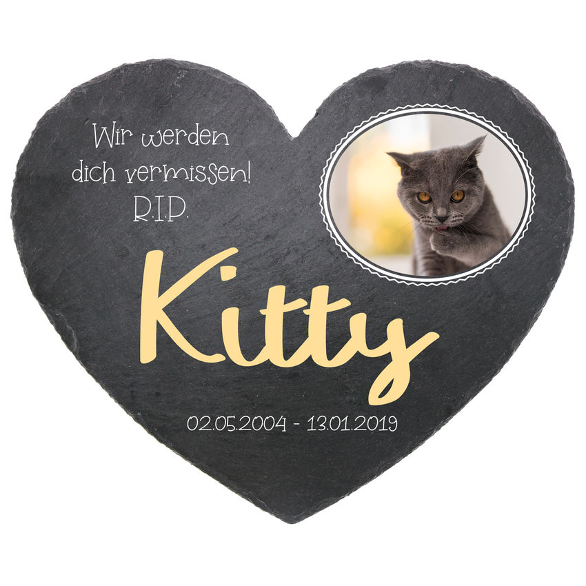 Herz aus Schiefer als Grabplatte zum Gedenken an das Haustier - 24 cm Motiv Katze