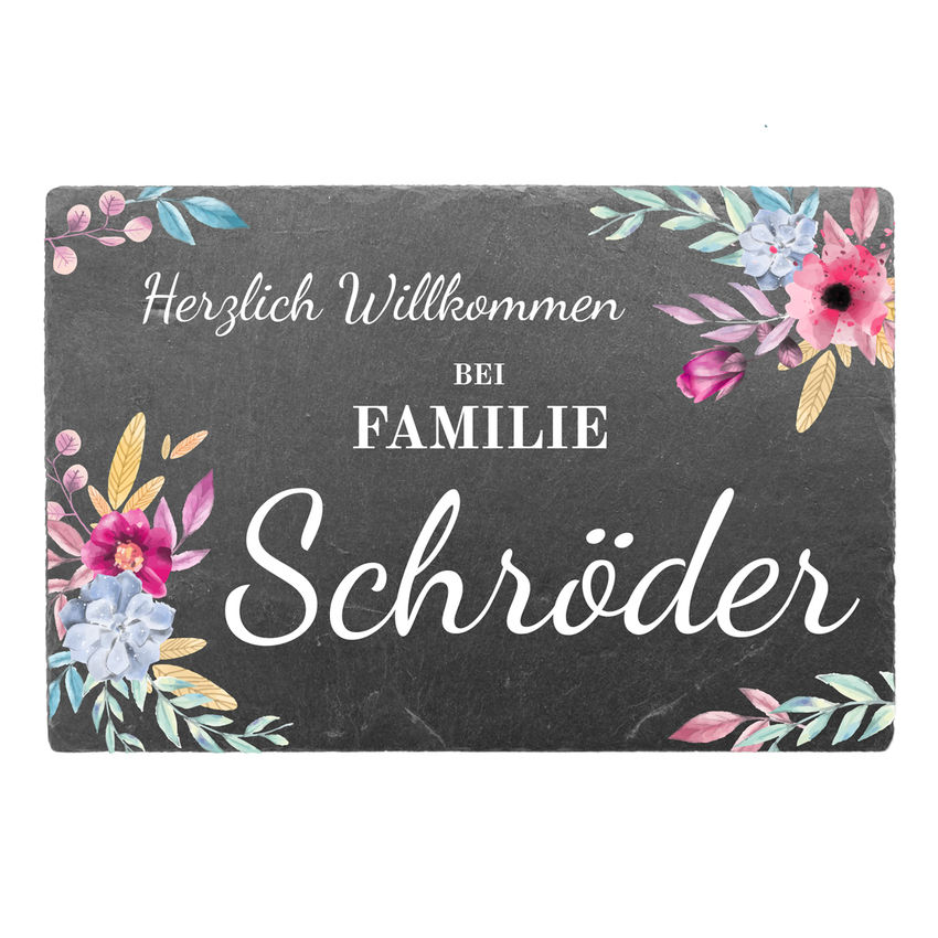 Trschild aus Schiefer mit Namen Design Floral 300 x 200 mm