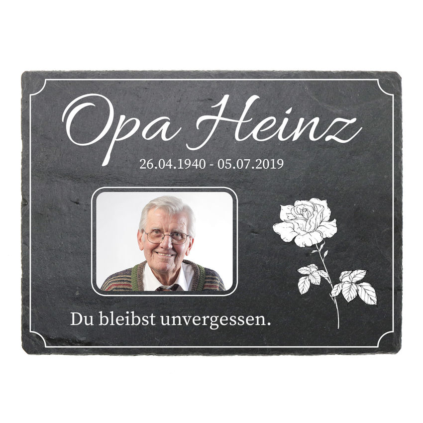 Schieferplatte fr Grab mit Bild Design Rose 200 x 150 mm
