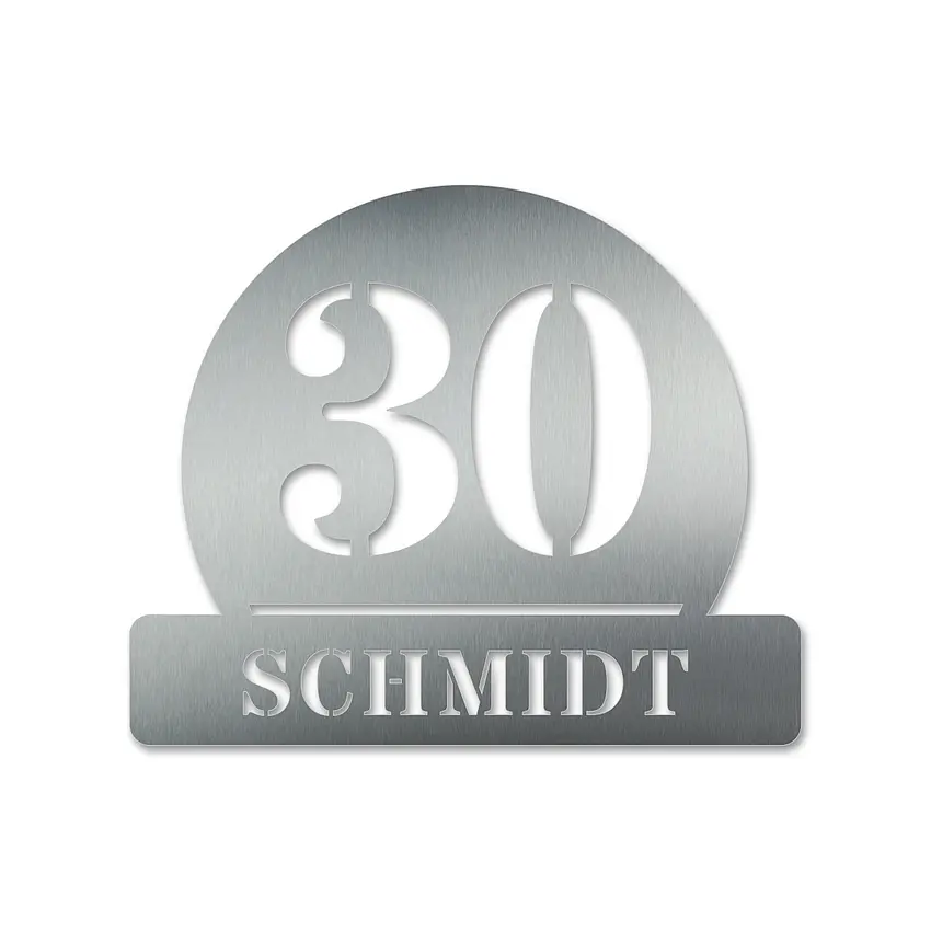 Design Hausnummer aus Edelstahl mit Familienname 36 cm