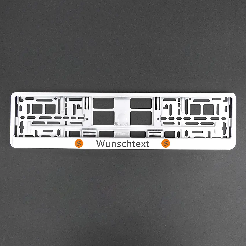 Kennzeichenhalter Klavierlack weiß mit Wunschtext und Logo - Größe 52 cm - pro Stück
