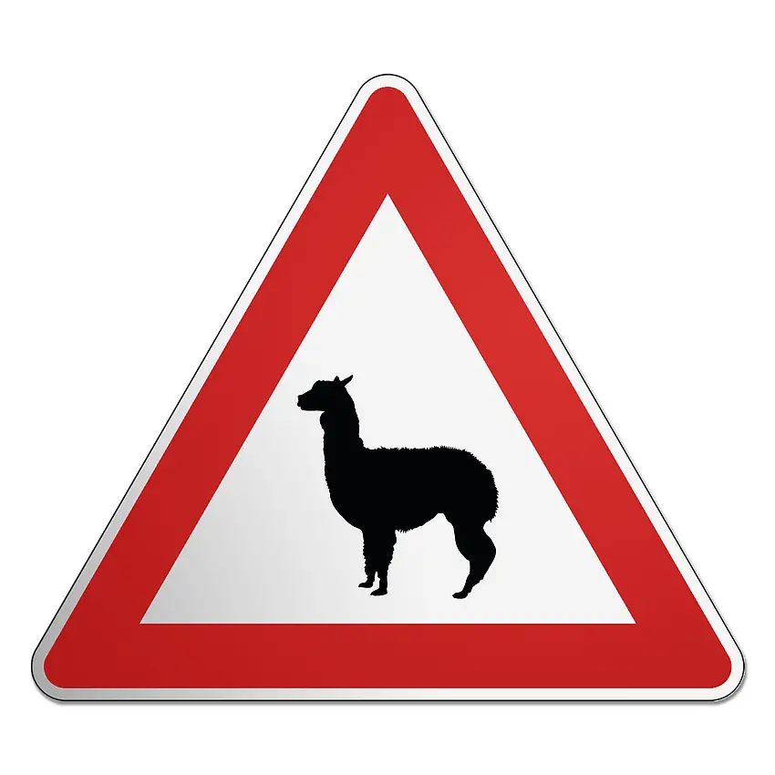 Dreieckiges Verkehrsschild mit Motiv Lama 1