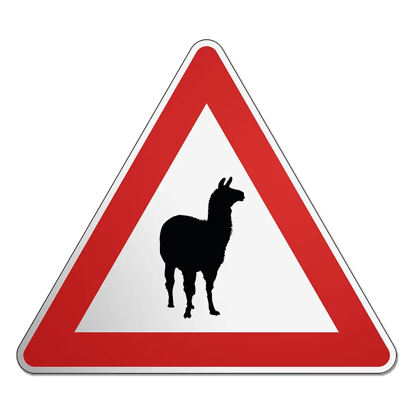 Dreieckiges Verkehrsschild mit Motiv Lama 2