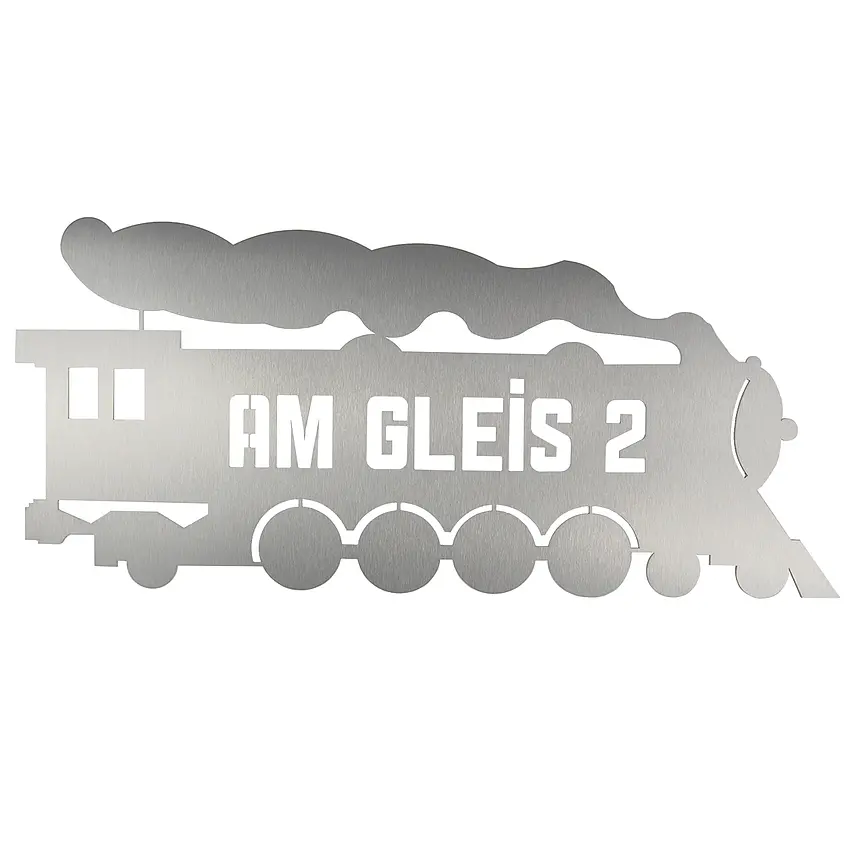 Edelstahlschild Dampflok mit Wunschtext Größe 44,5 cm x 20 cm