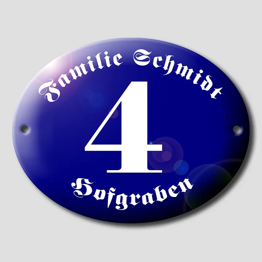 Ovale Hausnummer aus Emaille mit Familienname und Straßenname | 22 x 30 cm