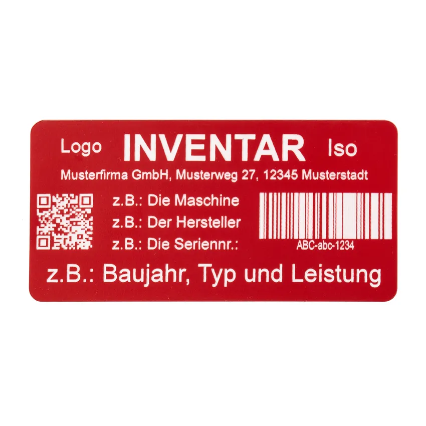 Schilder für Maschinen aus 2-schichtigem Acryl 10 x 5 cm | Inventarschild mit QR-Code und Strichcode