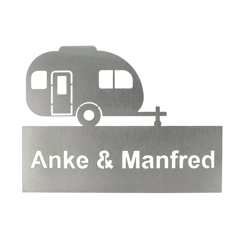 Schild mit Wohnwagen aus Edelstahl