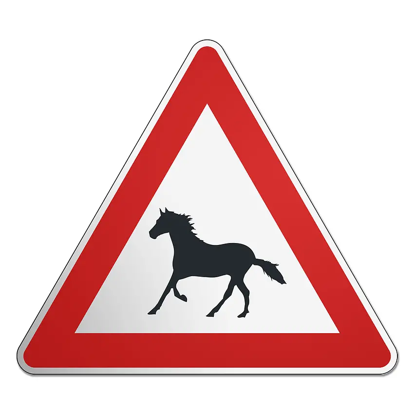 Dreieckiges Verkehrsschild mit Motiv Pferd