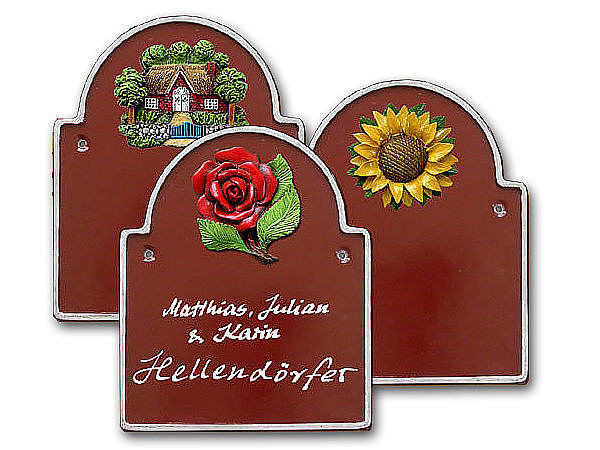 Artelith Türschild in abendsonnenrot 15x18 cm + Text + 150 Symbole zur Auswahl