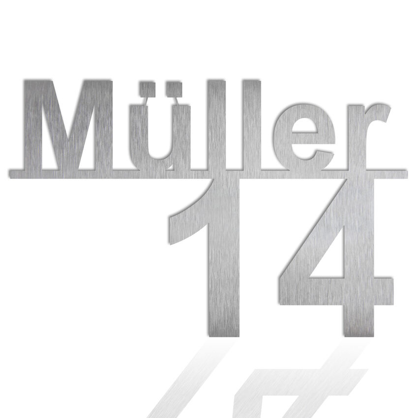 Edelstahl Hausnummer mit Straßenname - Design Minimal Art (Typ 5) | bis 11 Buchstaben