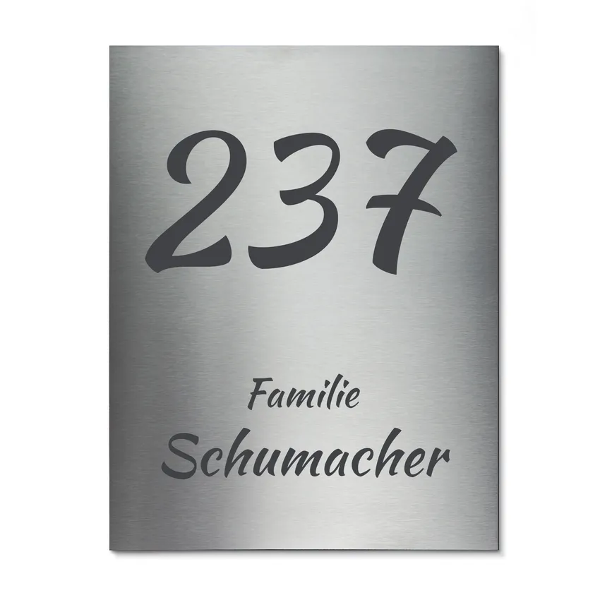 Hausnummer mit Nummer und Straßenname aus Edelstahl 20 cm x 26 cm