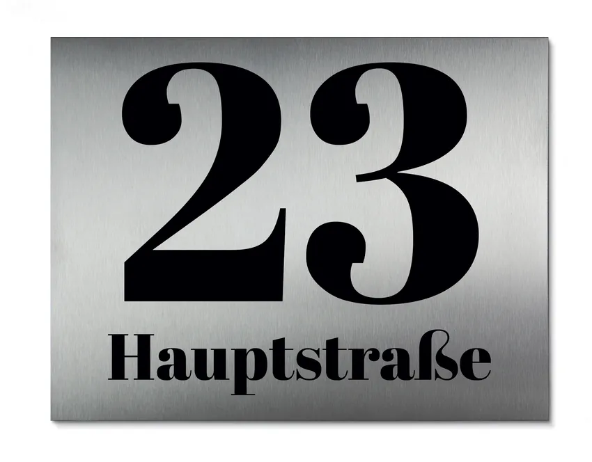 Hausnummer aus Edelstahl mit Nummer und Straßenname oder Familienname 26 cm x 20 cm