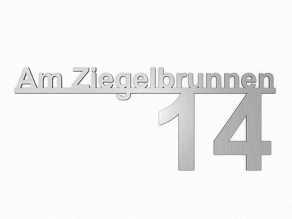 Edelstahl Hausnummer mit Straßenname - Design Minimal Art (Typ 5) | 12 bis 21 Buchstaben