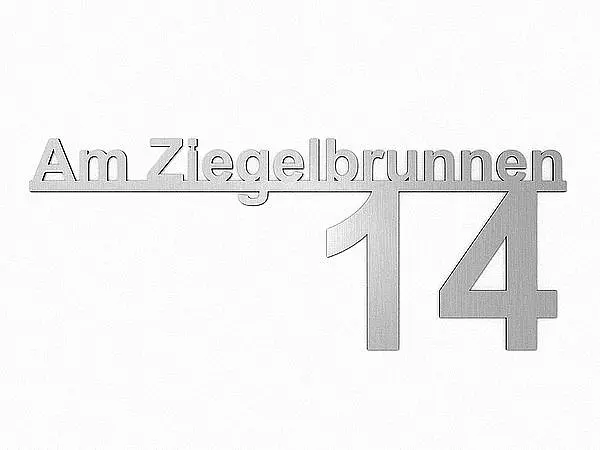 Edelstahl Hausnummer mit Straßenname - Design Minimal Art (Typ 5) | 80 cm lang