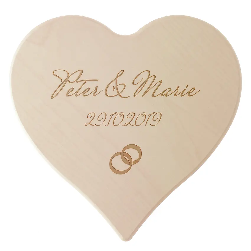 Holzherz mit Gravur zum Hochzeitstag 24 cm - mit Wunschtext und Symbolauswahl