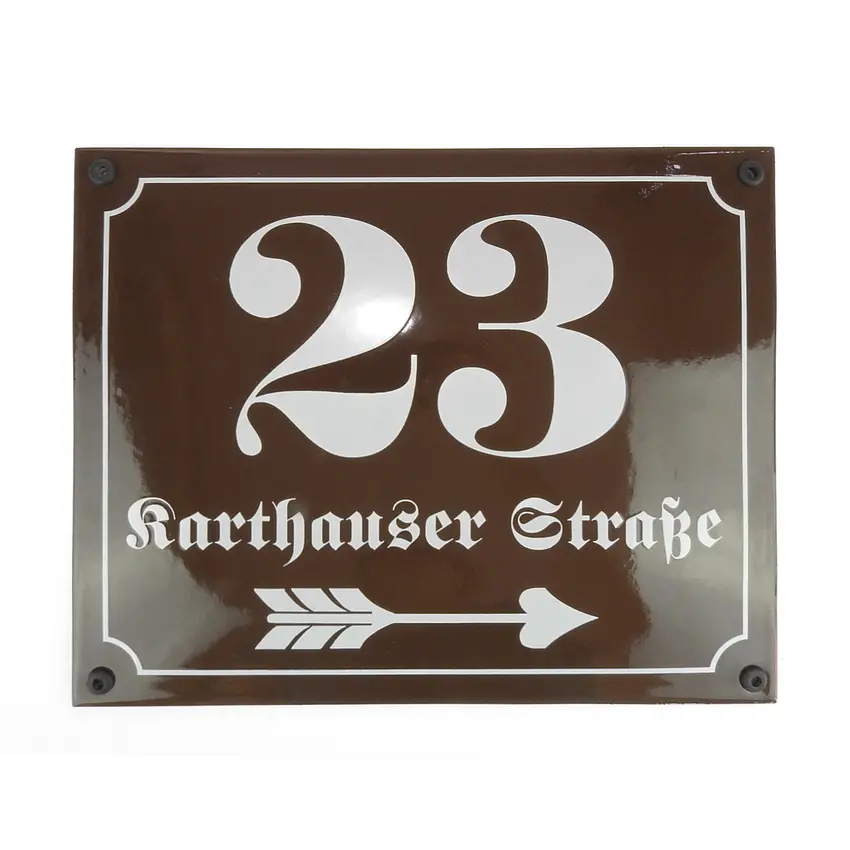 Emaille-Hausnummer mit Straßenname und Pfeil 25 x 20 cm | weitere Farben