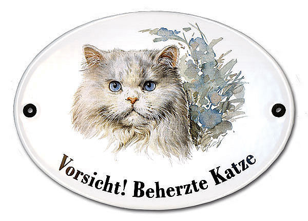 Emaille Türschild: Vorsicht beherzte Katze 18,3 x 14,3 cm