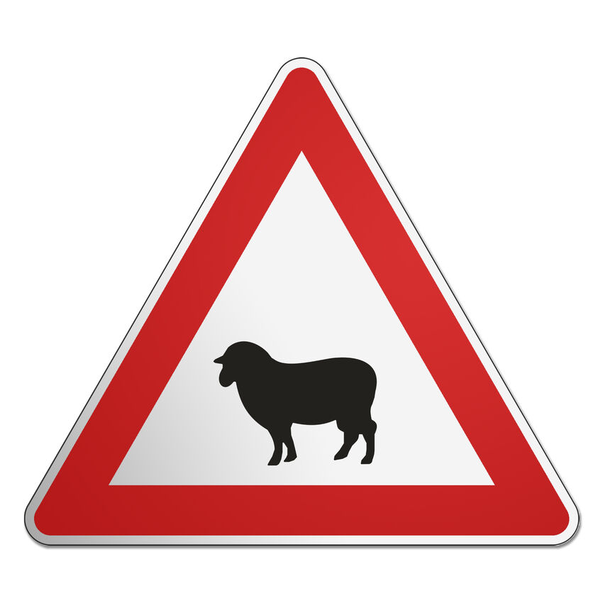Dreieckiges Verkehrsschild mit Motiv - Schaf -