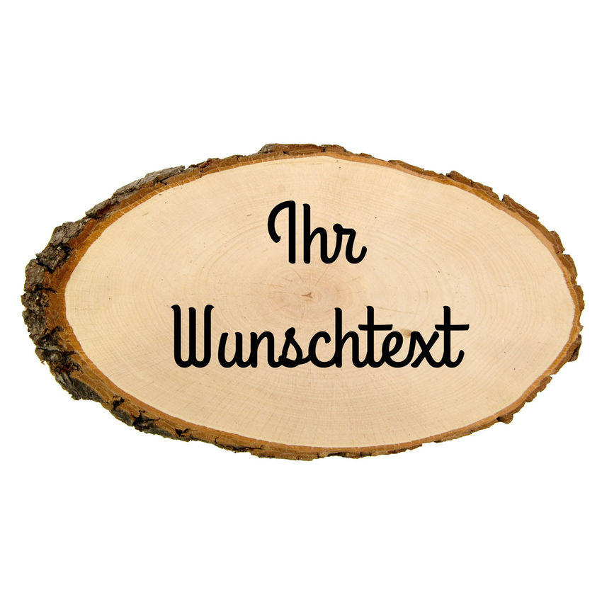 Holzrindenschild in ovaler Form, Text und Schriftart wählbar - 23 cm - schwarz bedruckt