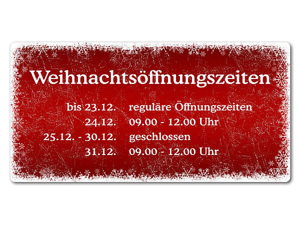 Türschild Öffnungszeiten in der Weihnachtszeit 200 x 100 mm 4 Farben zur Auswahl