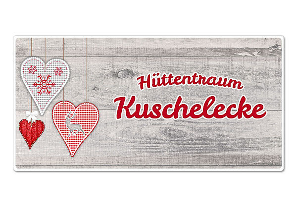 Hüttentraum Dekoschild Kuschelecke oder mit Wunschtext - 300 x 150 mm Motiv Herzen