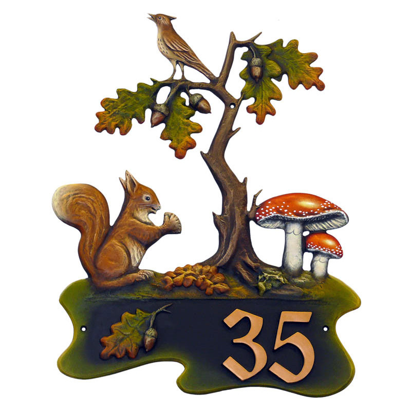 Hausnummer Eichhörnchen Vogel und Pilz aus Kunstguss 50 x 70 cm
