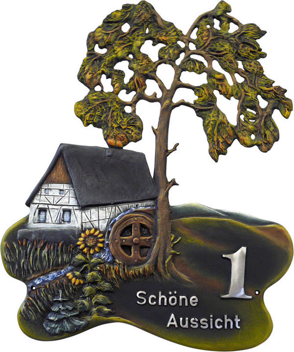 Hausnummer Haus mit Mhlrad aus Kunstguss 55 x 60 cm