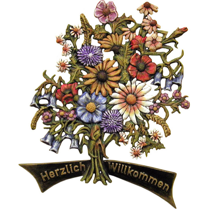 Trschild Blumenstrau aus Kunstguss 55 x 60 cm mit Aufschrift Herzlich Willkommen oder Wunschtext