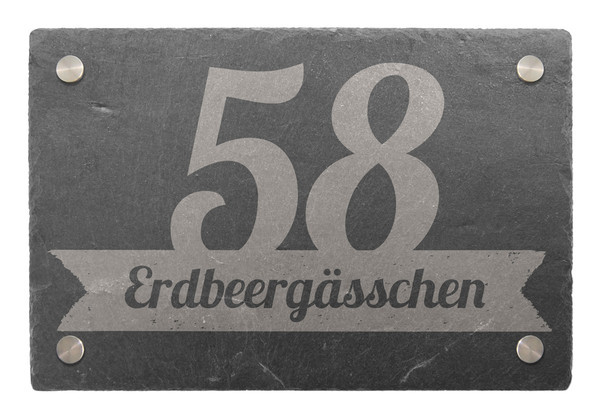 Hausnummer aus Schiefer mit Wunschtext 30 x 20 cm - Design Banner