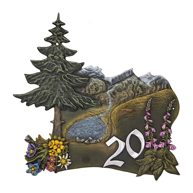Hausnummernschild Bergsee in den Alpen aus Kunstguss 65 x 65 cm