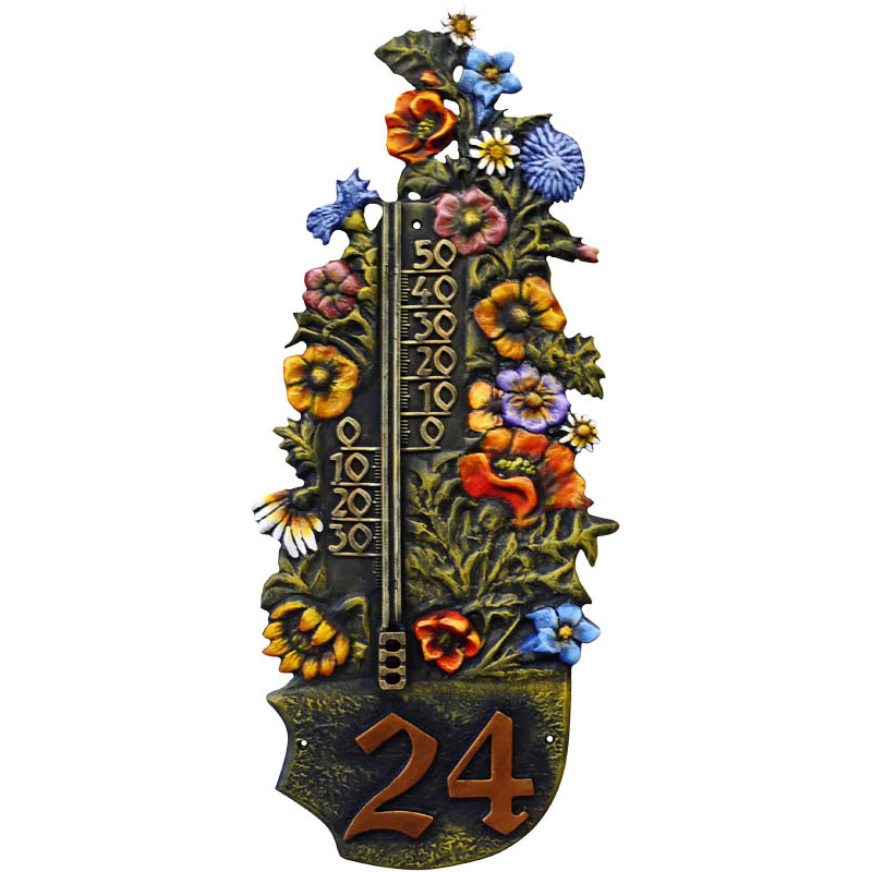 Thermometer Wiesenblumen mit Hausnummer aus Kunstguss 35 x 80 cm