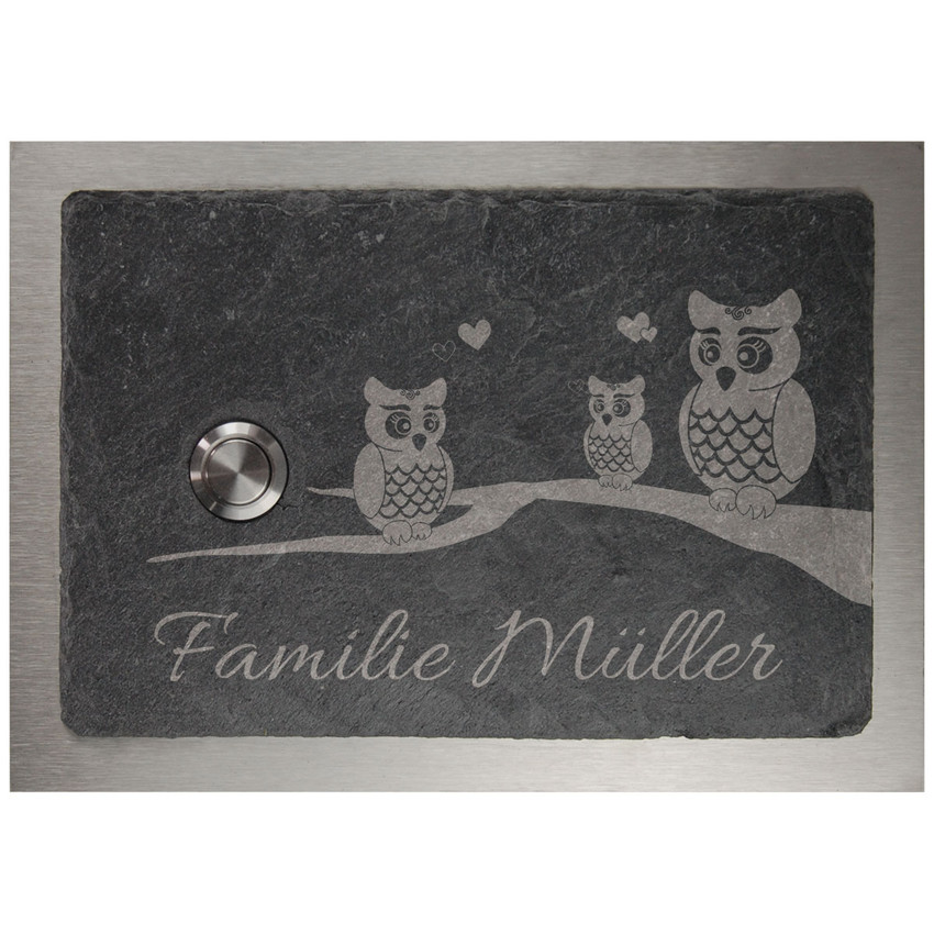 Klingelschild aus Schiefer und Edelstahl 17 x 12 cm - Design Eule