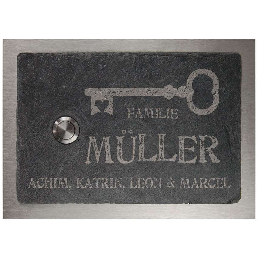 Klingelschild aus Schiefer und Edelstahl 17 x 12 cm - Design Key